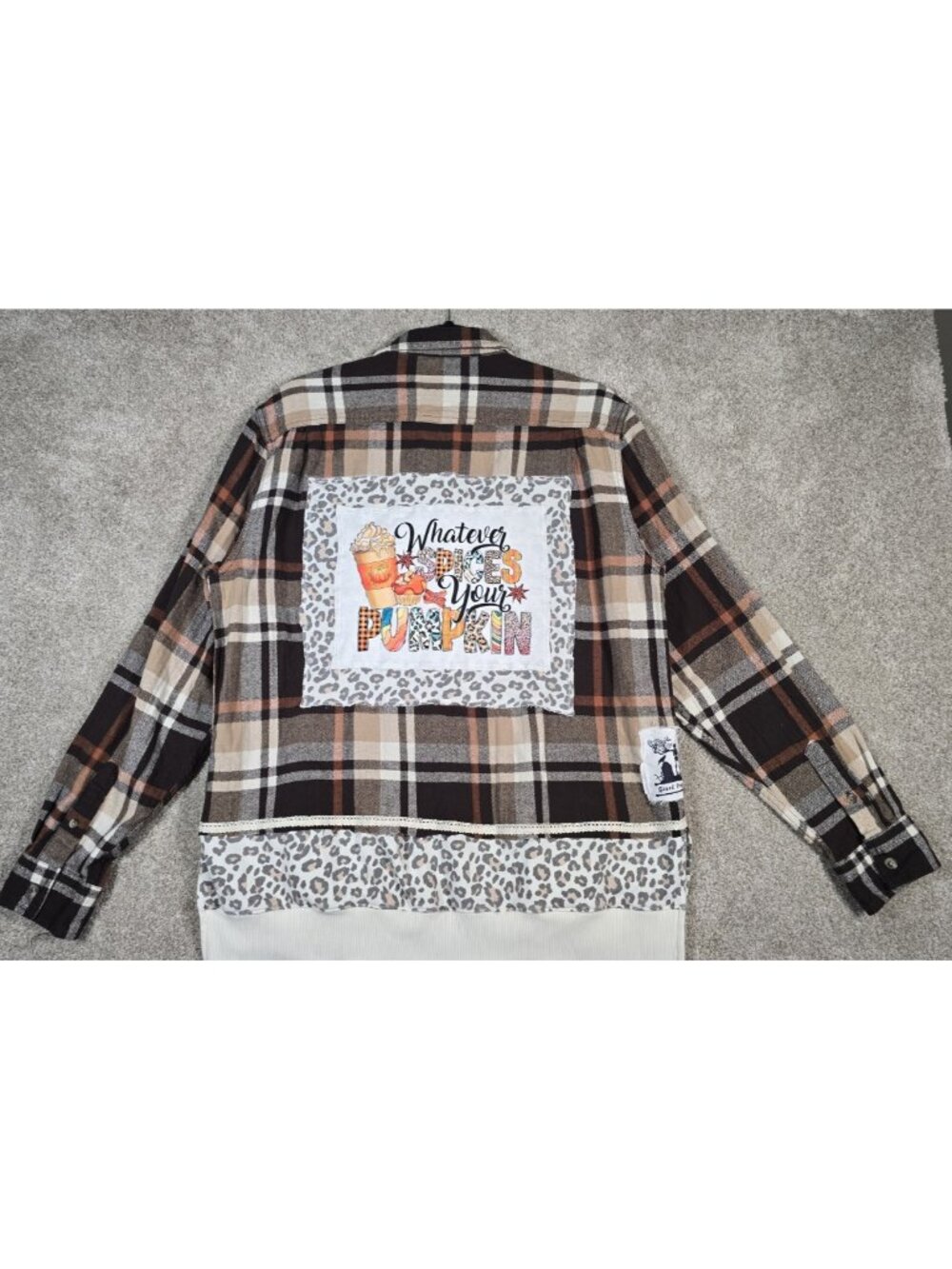 OOAK Upcycled Flannel Shacket Jacket Pumpkin Fall Leopard Latte Art Boyfriend L